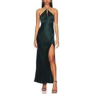 NICHOLAS Dark Emerald Halter Satin Gown with Thigh Slit